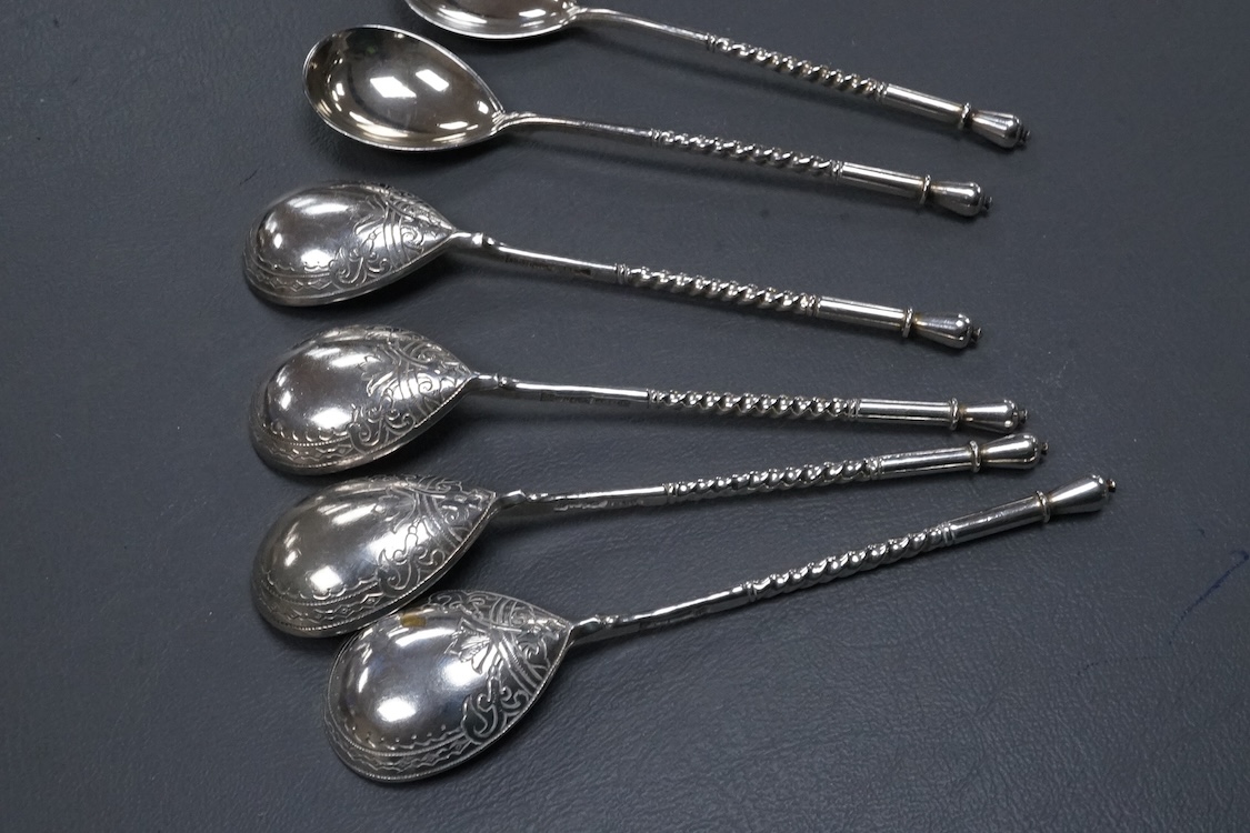 A set of six late 19th century Russian 84 zolotnik teaspoons, with spiral stems, indistinct master, Moscow, 1894, 13.3cm, 4oz.